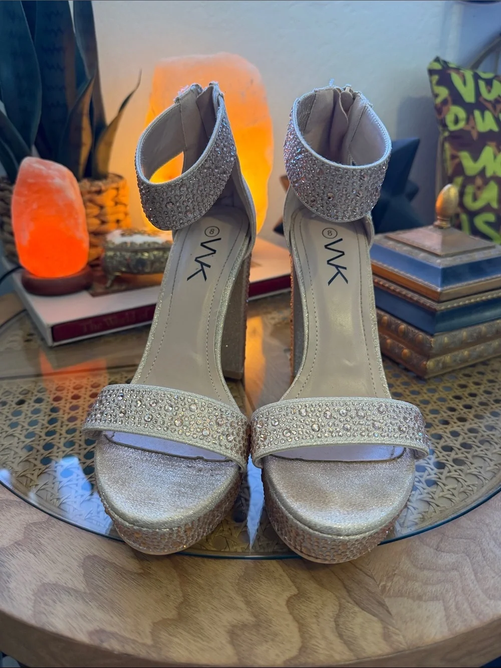 Wk Gold Glitter Platform Block Heel Sandals